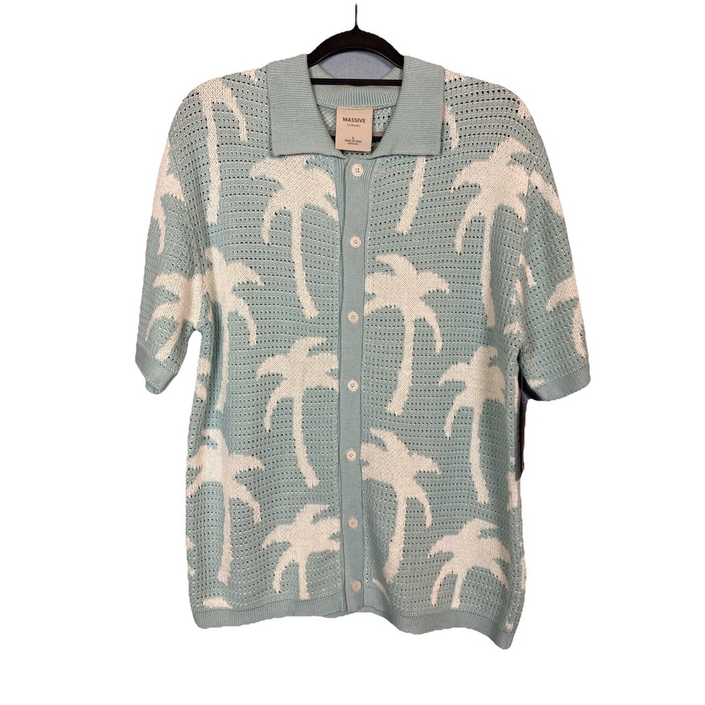 NWT Massive Luxury Men's L Palm Tree‎ Knit Crochet Short Sleeve Button Up Shirt